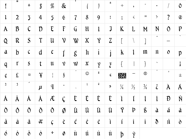 Cheshire Regular  glyph index