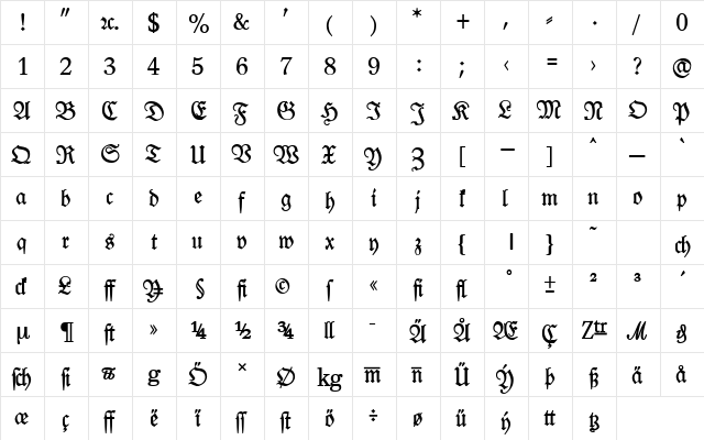 Leipzig Fraktur Normal  glyph index