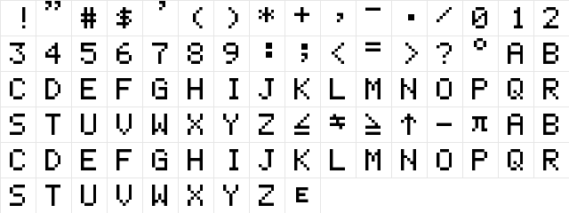 Casio FX-702P Regular  glyph index