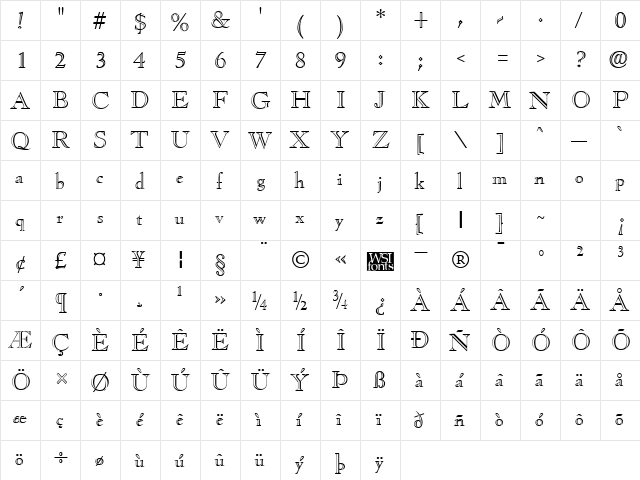 CasqueOpenFace Regular  glyph index