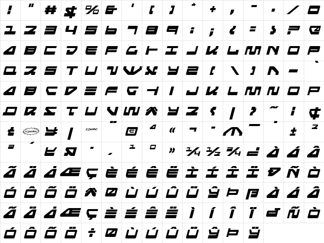 Searider Falcon Italic Italic  glyph index