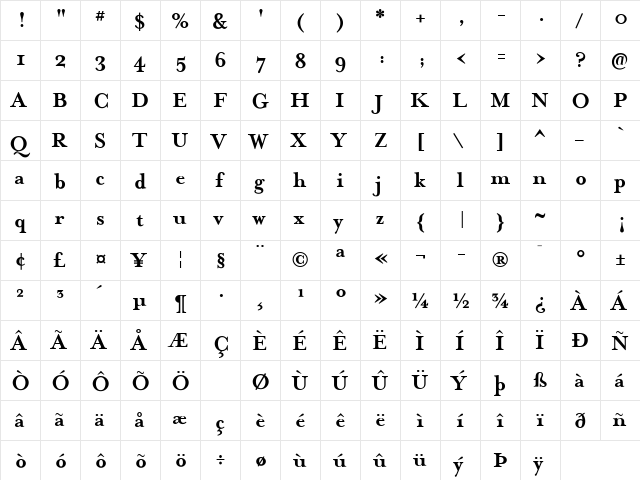 MrsEaves Bold  glyph index