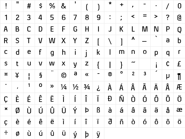 Xenu Semibold Regular  glyph index