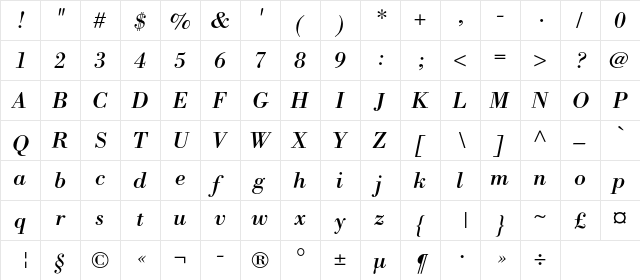BorjomiC Italic  glyph index