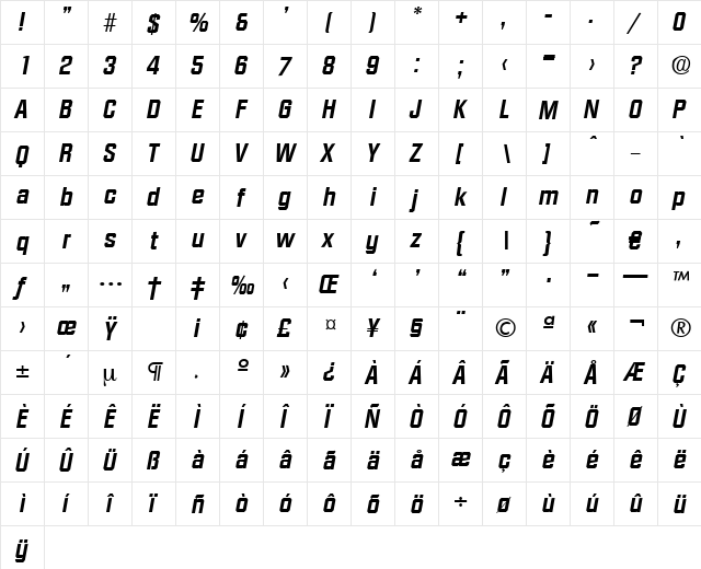 Diamante-DemiBoldIta Regular  glyph index
