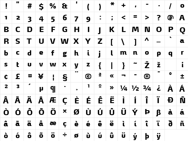 MaxDemiSerif-ExtraBold Regular  glyph index