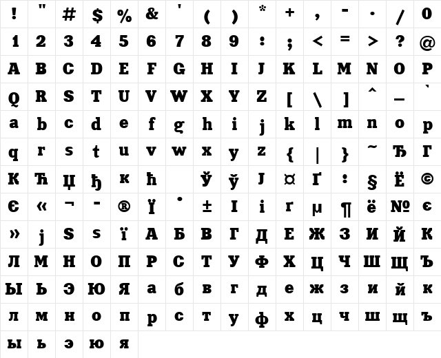 XeniaCTT Regular  glyph index