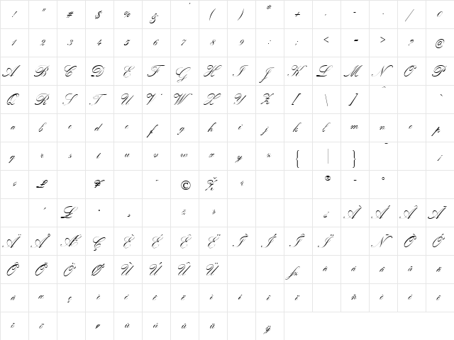 Artists Script Regular  glyph index