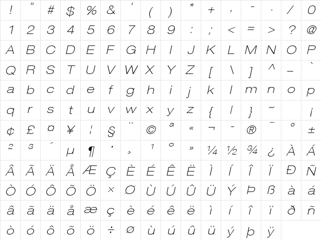 Helvetica Neue LT Com 33 Thin Extended Oblique  glyph index