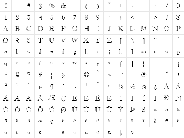 Caslon ICG Open Face  glyph index