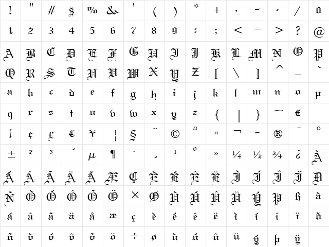 WeddingText BT Regular  glyph index