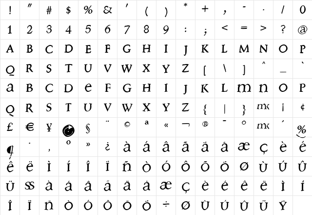 FreeBradbury Regular  glyph index