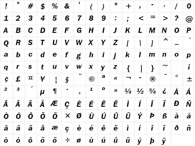 FrnkGothITC Bk BT Demi Italic  glyph index