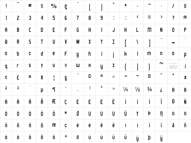 Zillah Modern Thin Regular  glyph index