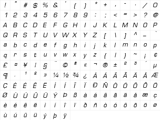 Euramode Italic Regular  glyph index