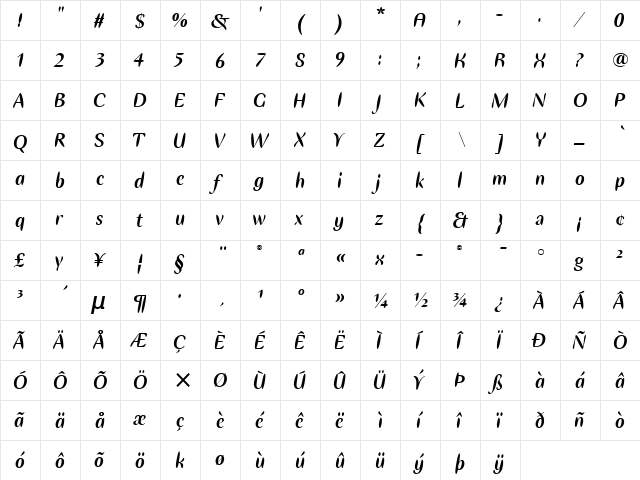 Ellipse ITC Bold Italic  glyph index