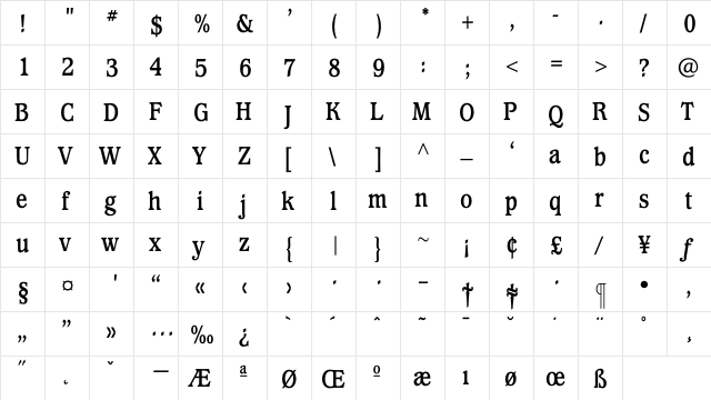 WaverlyBoldCondensed Regular  glyph index