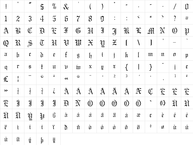 GregorianFLF Regular  glyph index