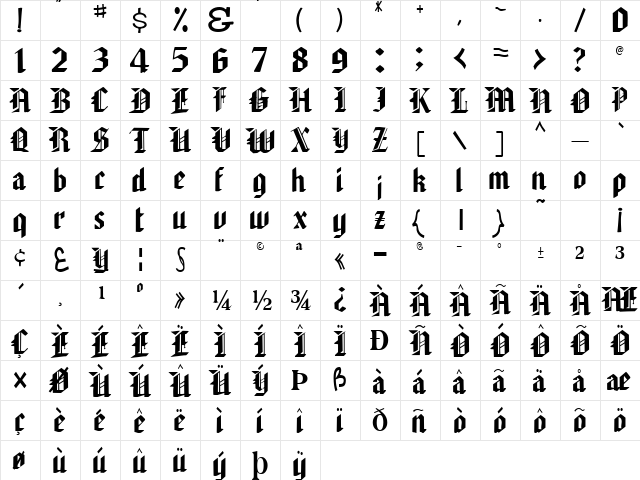 Joust Regular  glyph index