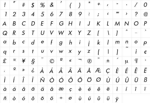 Limerick-RegularIta Regular  glyph index