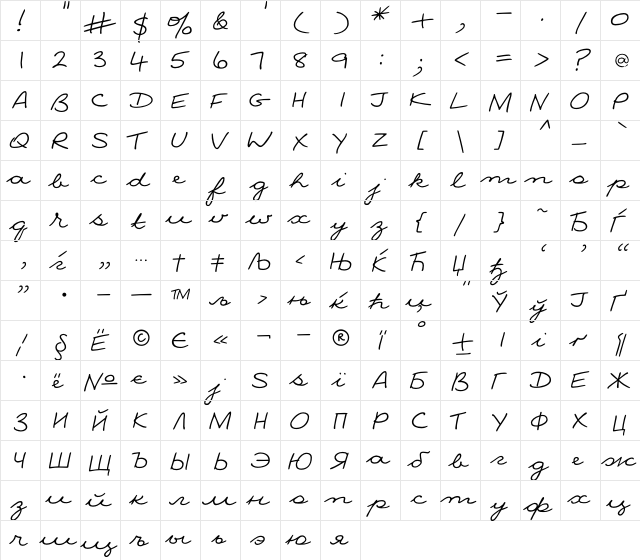 NinaC Regular  glyph index