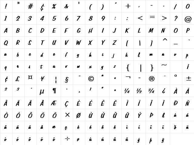 Freehand575 Bold Bold  glyph index