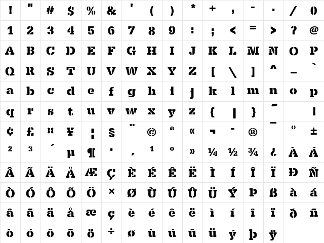 SerifaSteDBol Regular  glyph index