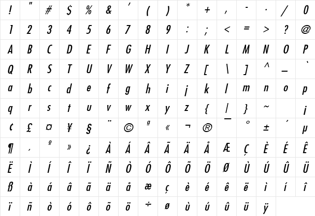 Fuji Italic  glyph index