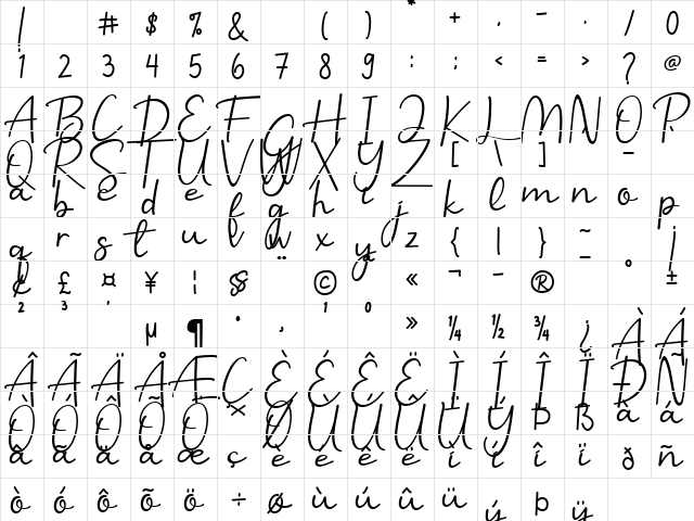 Benilla Calligraphy Regular  glyph index