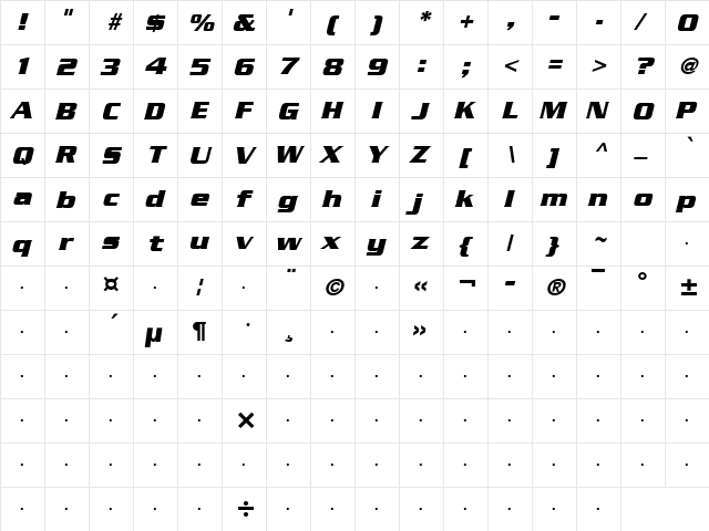 Enterprise Bold Italic  glyph index