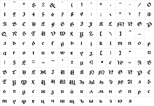 PaladinRus Regular  glyph index