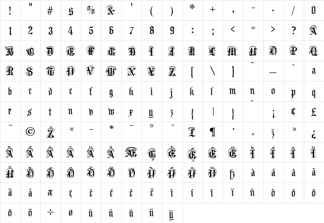 AngloText Regular  glyph index