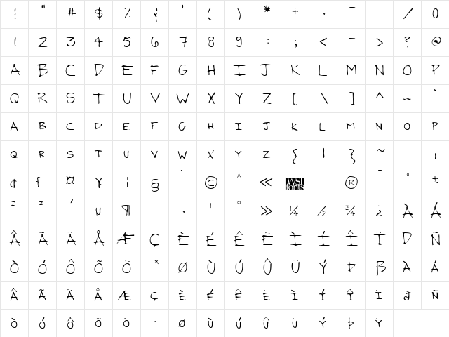 GrantsHand Regular  glyph index