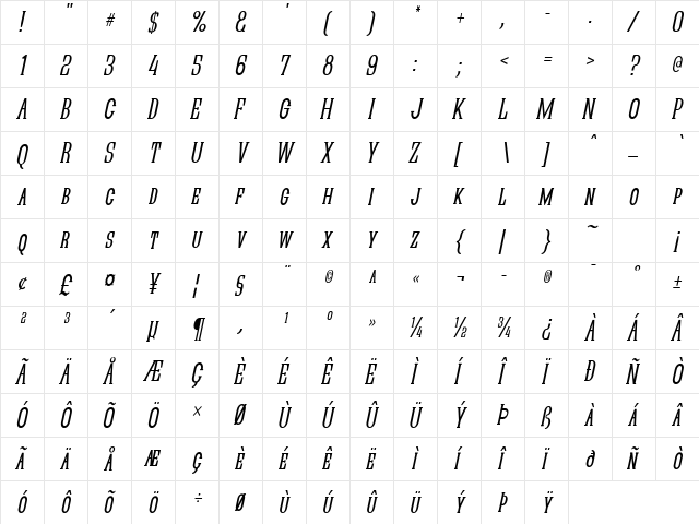 Quastic Kaps Narrow Italic  glyph index