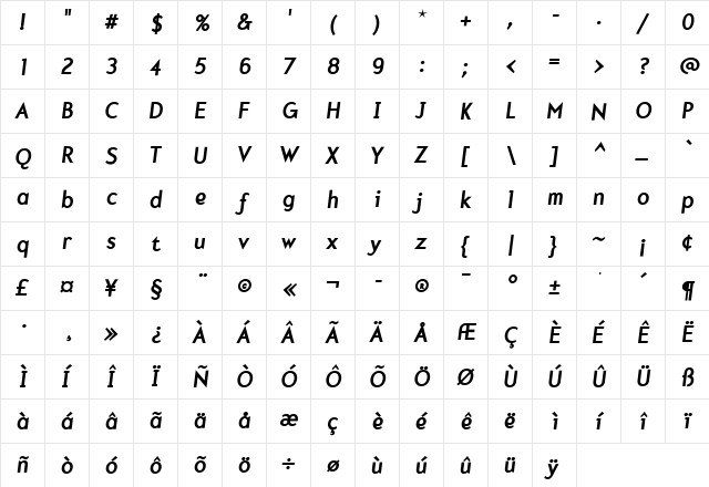 Mercury Italic  glyph index