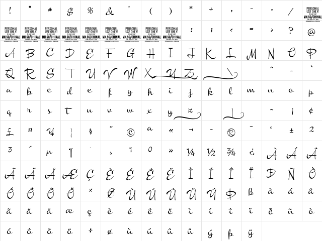 Chinal Medium PERSONAL USE ONLY Regular  glyph index
