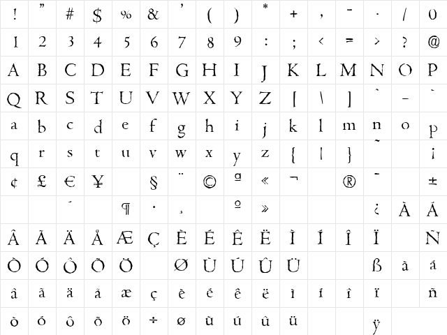 CambridgeAntique-Light Regular  glyph index