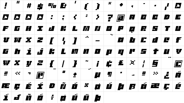 Judera Flat Italic  glyph index