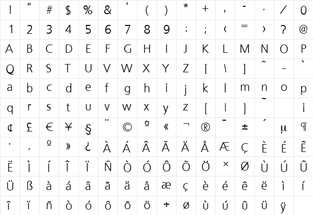 QuebecSerial-Light Regular  glyph index