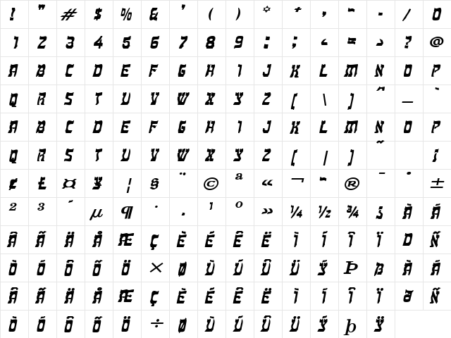 Kosher Wide BoldItalic  glyph index
