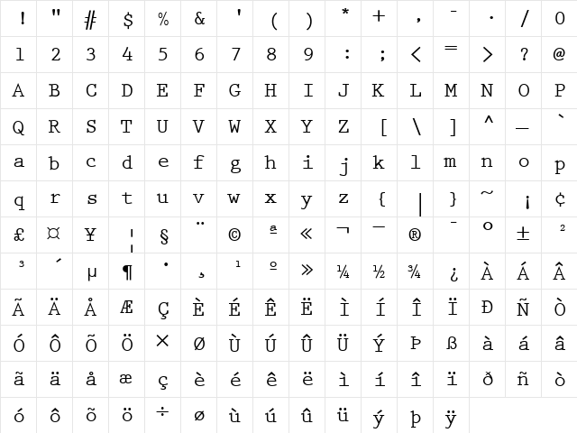 PrestigeElite Bold  glyph index