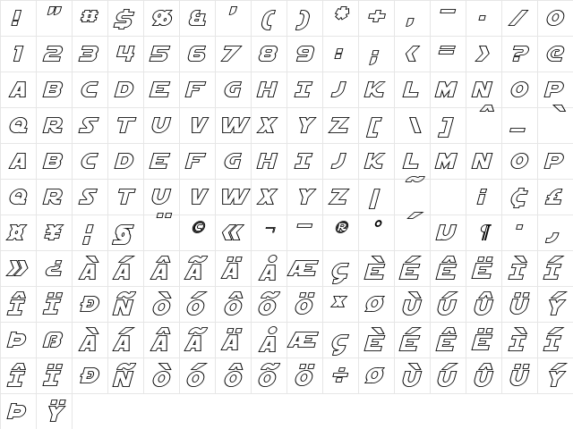 Starkiller Outline Italic  glyph index