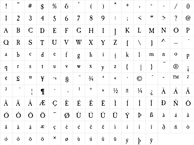 Caslon Antique T Regular  glyph index