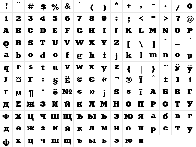 UkrainianXeniaExtended Regular  glyph index