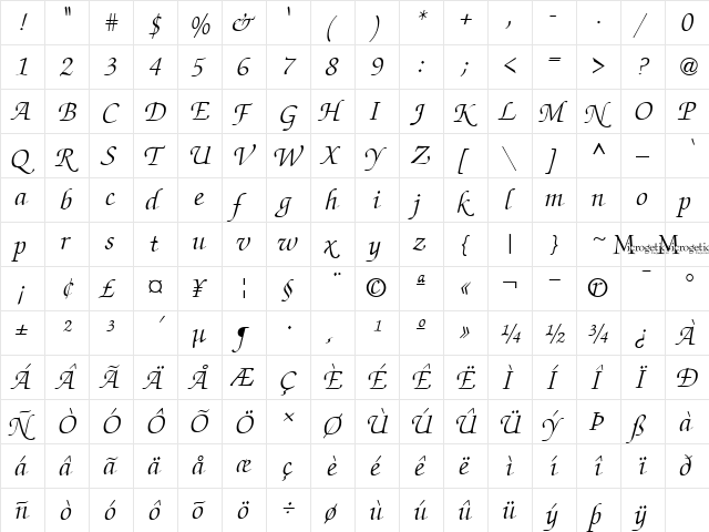 MC Chancellor Light Italic  glyph index