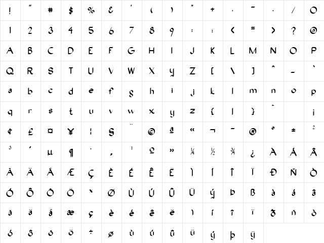 OakWood Regular  glyph index