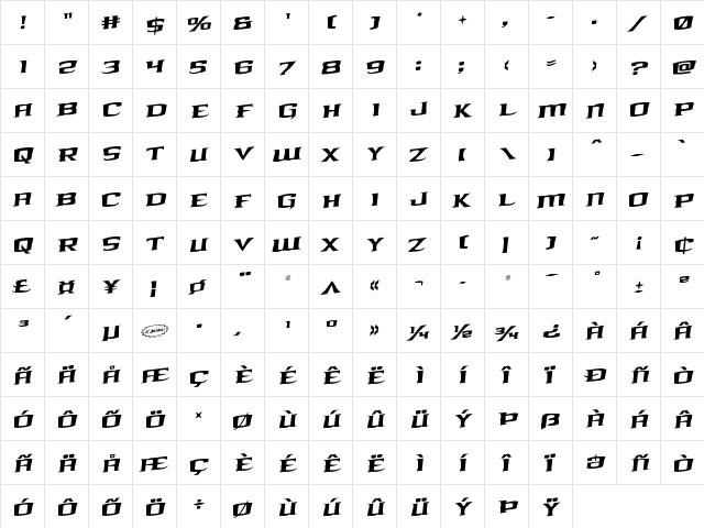 Kreature Kombat Staggered Rotalic Italic  glyph index