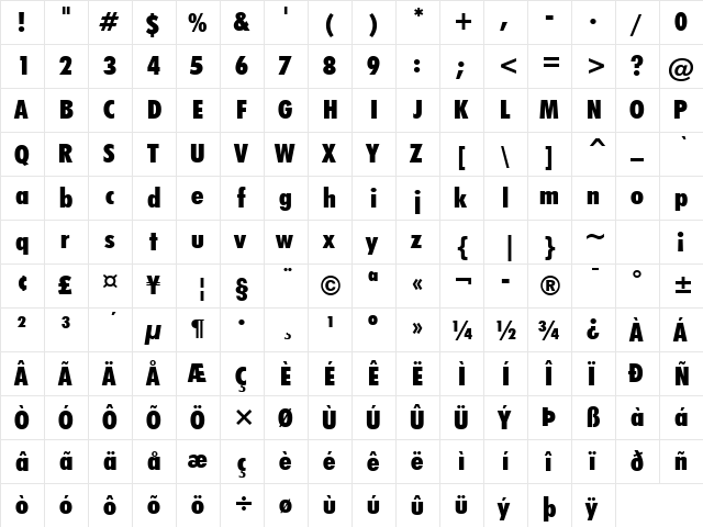 Futura XBlkCn BT Extra Black  glyph index