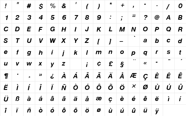 NimbusSanDBolItaRo1 Regular  glyph index
