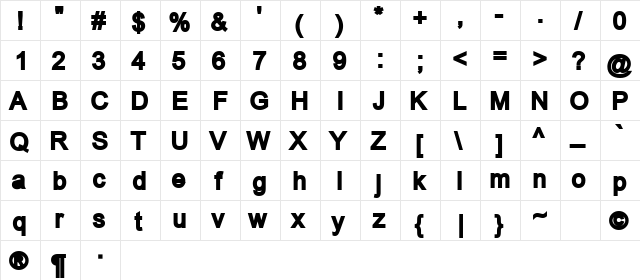 UpStartBold Regular  glyph index